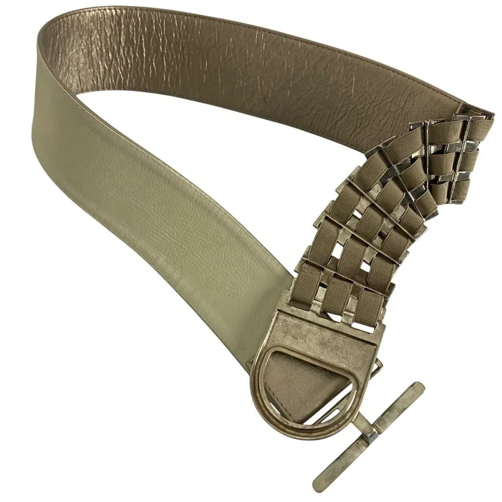 Suzi Roher Gold Leather Silver Metal Square Link Wide Belt Large Stretch